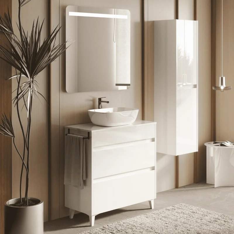 Mueble de Baño A Suelo con Lavabo Sobreponer Cerámico Fondo Reducido modelo Veloz | Mueble Baño con Patas 2 Cajones para Aseo | Blanco Brillo
