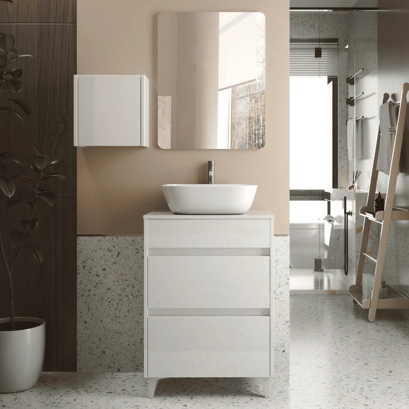Mueble de Baño A Suelo con Lavabo Sobreponer Cerámico Fondo Reducido modelo Veloz | Mueble Baño con Patas 2 Cajones para Aseo | Blanco Brillo