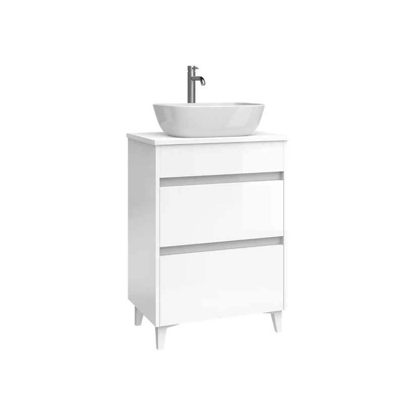 Mueble de Baño A Suelo con Lavabo Sobreponer Cerámico Fondo Reducido modelo Veloz | Mueble Baño con Patas 2 Cajones para Aseo | Blanco Brillo