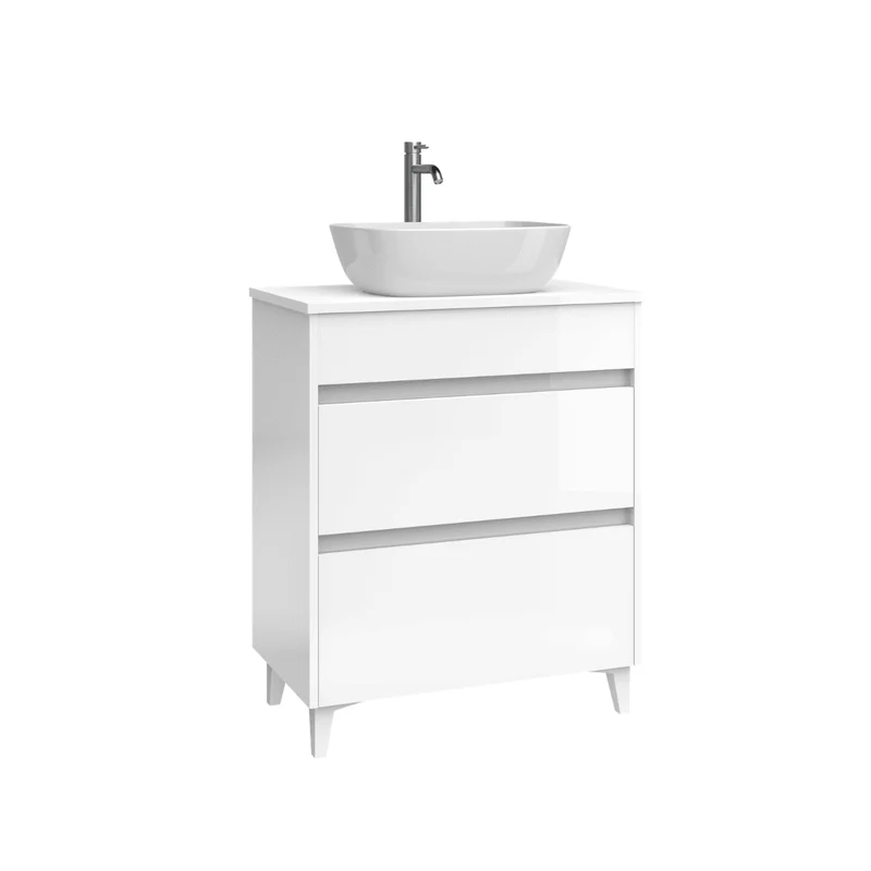 Mueble de Baño A Suelo con Lavabo Sobreponer Cerámico Fondo Reducido modelo Veloz | Mueble Baño con Patas 2 Cajones para Aseo | Blanco Brillo