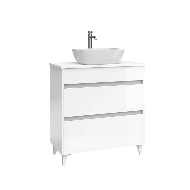 Mueble de Baño A Suelo con Lavabo Sobreponer Cerámico Fondo Reducido modelo Veloz | Mueble Baño con Patas 2 Cajones para Aseo | Blanco Brillo