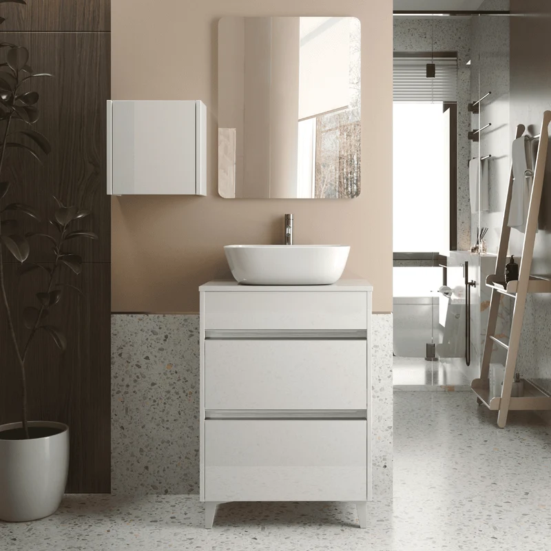 Mueble de Baño A Suelo con Lavabo Sobreponer Cerámico Fondo Reducido modelo Veloz | Mueble Baño con Patas 2 Cajones con Tirador para Aseo | Blanco Brillo