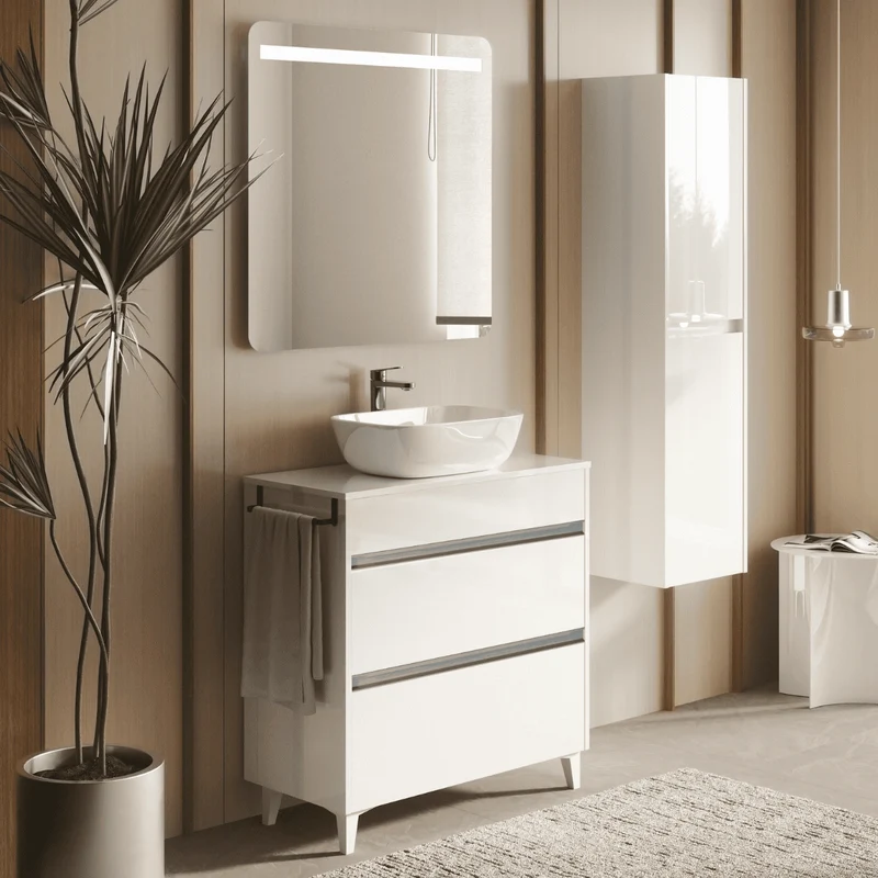 Mueble de Baño A Suelo con Lavabo Sobreponer Cerámico Fondo Reducido modelo Veloz | Mueble Baño con Patas 2 Cajones con Tirador para Aseo | Blanco Brillo