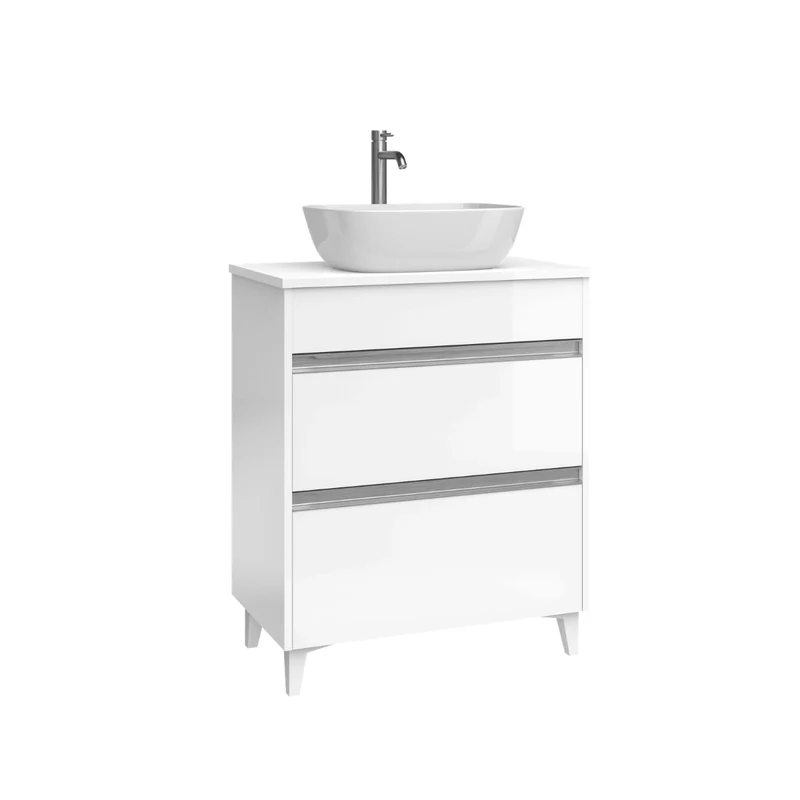 Mueble de Baño A Suelo con Lavabo Sobreponer Cerámico Fondo Reducido modelo Veloz | Mueble Baño con Patas 2 Cajones con Tirador para Aseo | Blanco Brillo