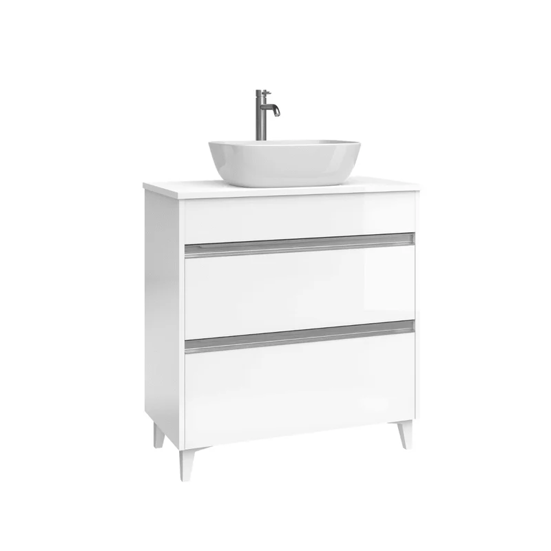 Mueble de Baño A Suelo con Lavabo Sobreponer Cerámico Fondo Reducido modelo Veloz | Mueble Baño con Patas 2 Cajones con Tirador para Aseo | Blanco Brillo