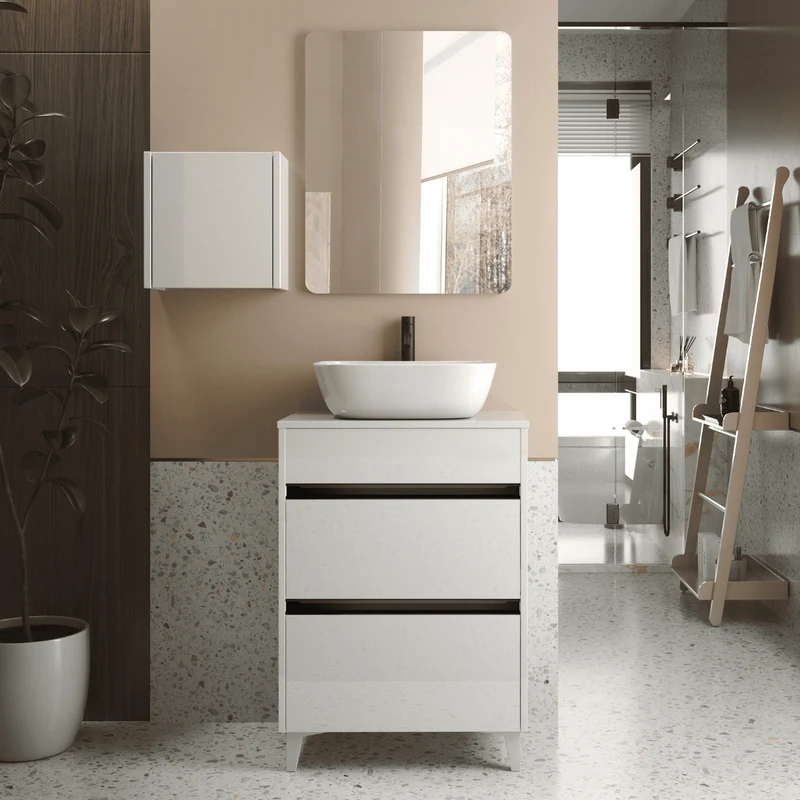 Mueble de Baño A Suelo con Lavabo Sobreponer Cerámico Fondo Reducido modelo Veloz | Mueble Baño con Patas 2 Cajones con Tirador para Aseo | Blanco Brillo