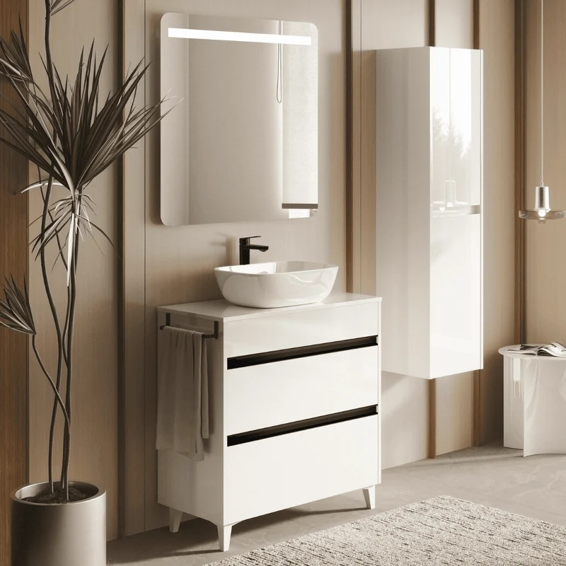 Mueble de Baño A Suelo con Lavabo Sobreponer Cerámico Fondo Reducido modelo Veloz | Mueble Baño con Patas 2 Cajones con Tirador para Aseo | Blanco Brillo