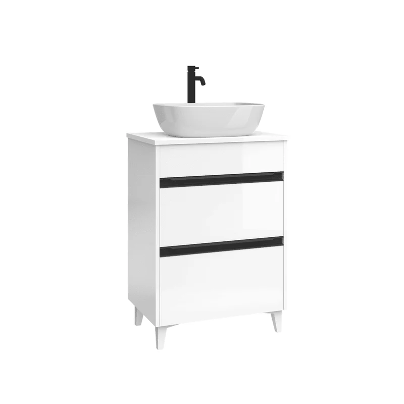 Mueble de Baño A Suelo con Lavabo Sobreponer Cerámico Fondo Reducido modelo Veloz | Mueble Baño con Patas 2 Cajones con Tirador para Aseo | Blanco Brillo