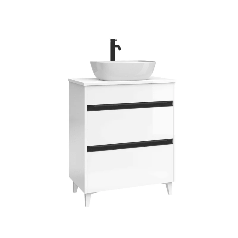 Mueble de Baño A Suelo con Lavabo Sobreponer Cerámico Fondo Reducido modelo Veloz | Mueble Baño con Patas 2 Cajones con Tirador para Aseo | Blanco Brillo
