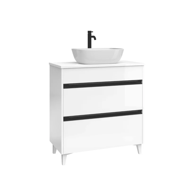 Mueble de Baño A Suelo con Lavabo Sobreponer Cerámico Fondo Reducido modelo Veloz | Mueble Baño con Patas 2 Cajones con Tirador para Aseo | Blanco Brillo