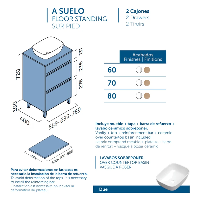 Mueble de Baño A Suelo con Lavabo Sobreponer Cerámico Fondo Reducido modelo Veloz | Mueble Baño con Patas 2 Cajones con Tirador para Aseo | Blanco Brillo