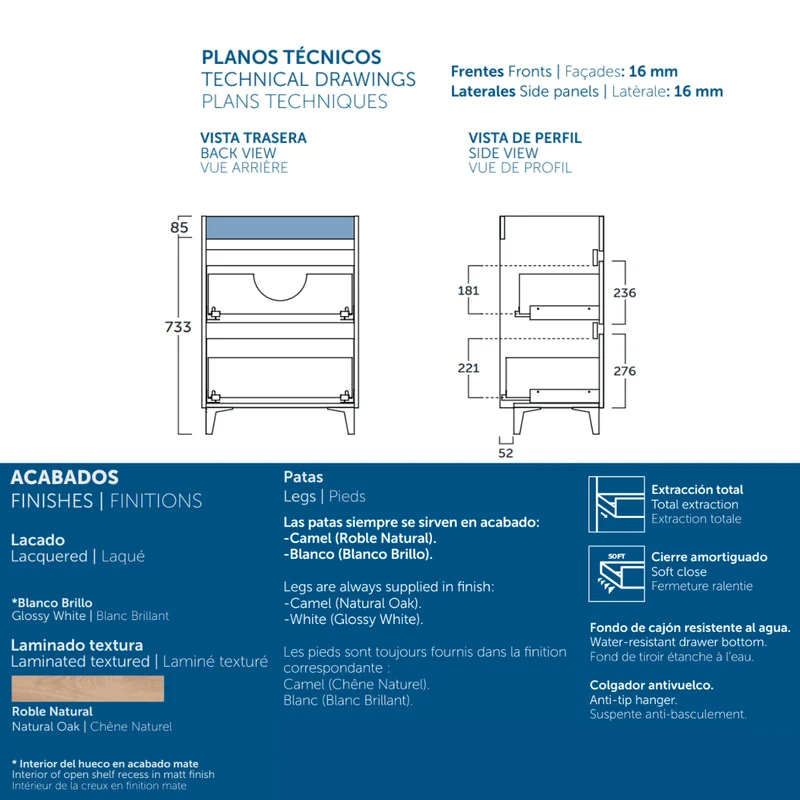 Mueble de Baño A Suelo con Lavabo Sobreponer Cerámico Fondo Reducido modelo Veloz | Mueble Baño con Patas 2 Cajones con Tirador para Aseo | Blanco Brillo