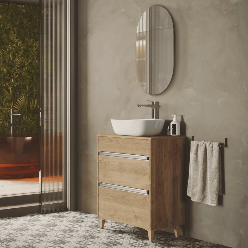 Mueble de Baño A Suelo con Lavabo Sobreponer Cerámico Fondo Reducido modelo Veloz | Mueble Baño con Patas 2 Cajones con Tirador para Aseo | Roble Natural
