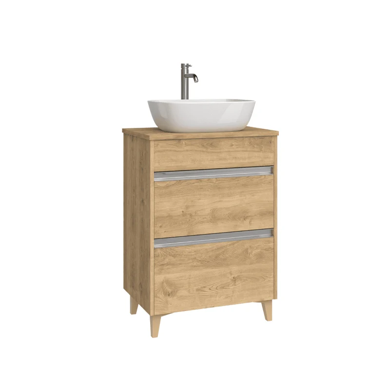 Mueble de Baño A Suelo con Lavabo Sobreponer Cerámico Fondo Reducido modelo Veloz | Mueble Baño con Patas 2 Cajones con Tirador para Aseo | Roble Natural