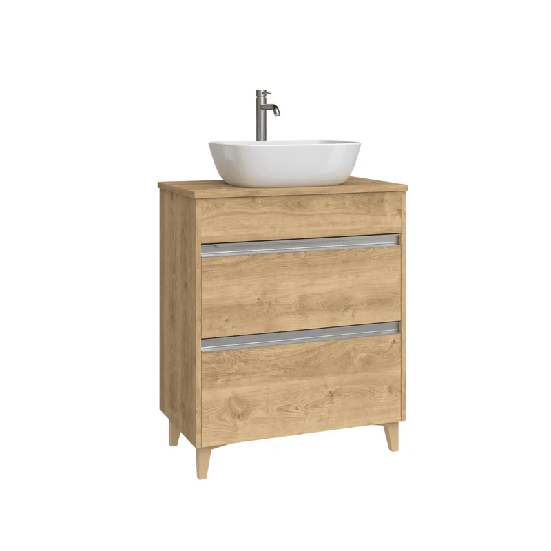 Mueble de Baño A Suelo con Lavabo Sobreponer Cerámico Fondo Reducido modelo Veloz | Mueble Baño con Patas 2 Cajones con Tirador para Aseo | Roble Natural