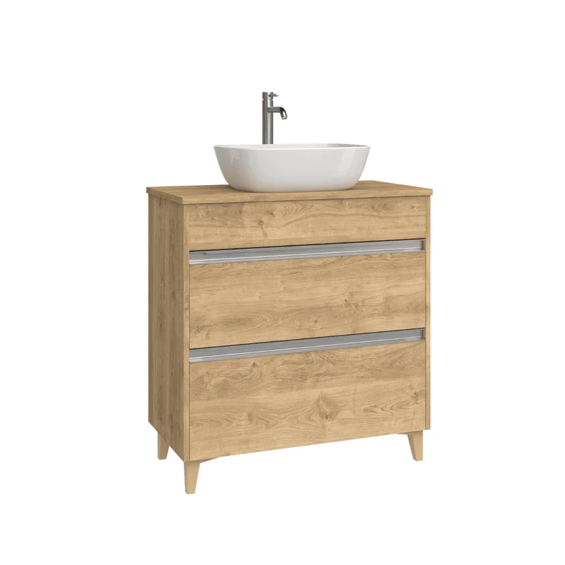 Mueble de Baño A Suelo con Lavabo Sobreponer Cerámico Fondo Reducido modelo Veloz | Mueble Baño con Patas 2 Cajones con Tirador para Aseo | Roble Natural