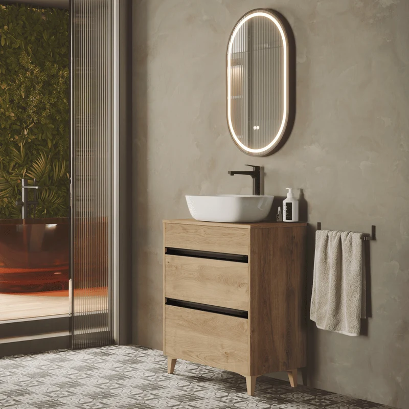Mueble de Baño A Suelo con Lavabo Sobreponer Cerámico Fondo Reducido modelo Veloz | Mueble Baño con Patas 2 Cajones con Tirador para Aseo | Roble Natural