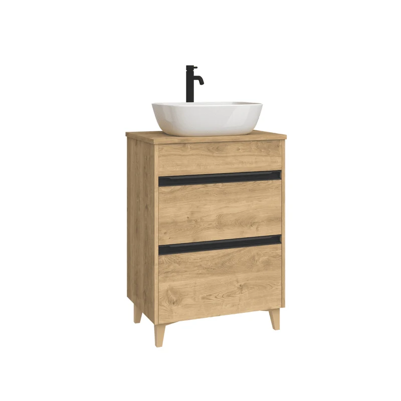 Mueble de Baño A Suelo con Lavabo Sobreponer Cerámico Fondo Reducido modelo Veloz | Mueble Baño con Patas 2 Cajones con Tirador para Aseo | Roble Natural
