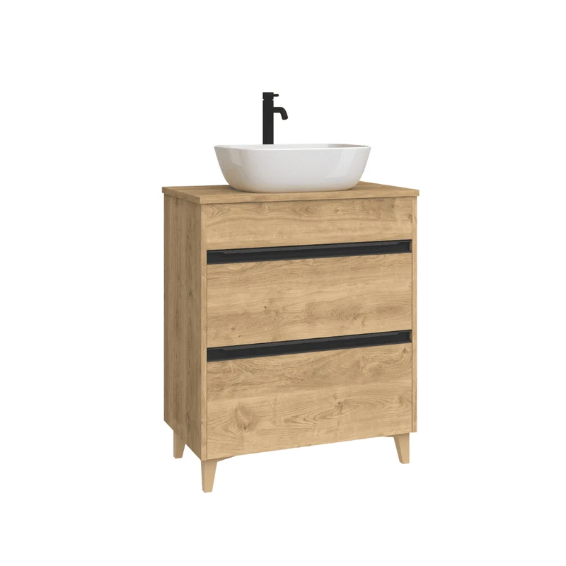 Mueble de Baño A Suelo con Lavabo Sobreponer Cerámico Fondo Reducido modelo Veloz | Mueble Baño con Patas 2 Cajones con Tirador para Aseo | Roble Natural