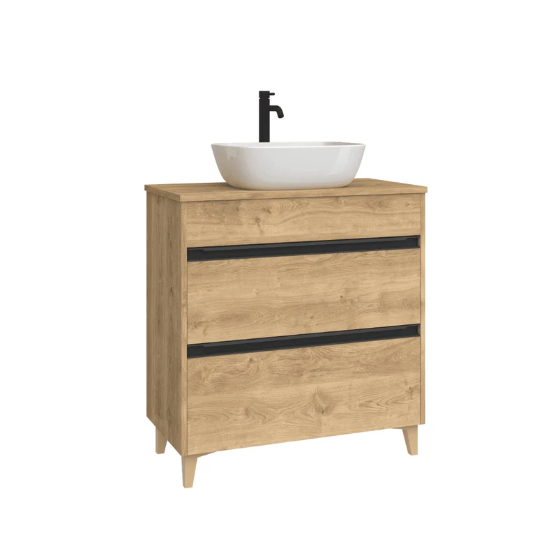 Mueble de Baño A Suelo con Lavabo Sobreponer Cerámico Fondo Reducido modelo Veloz | Mueble Baño con Patas 2 Cajones con Tirador para Aseo | Roble Natural