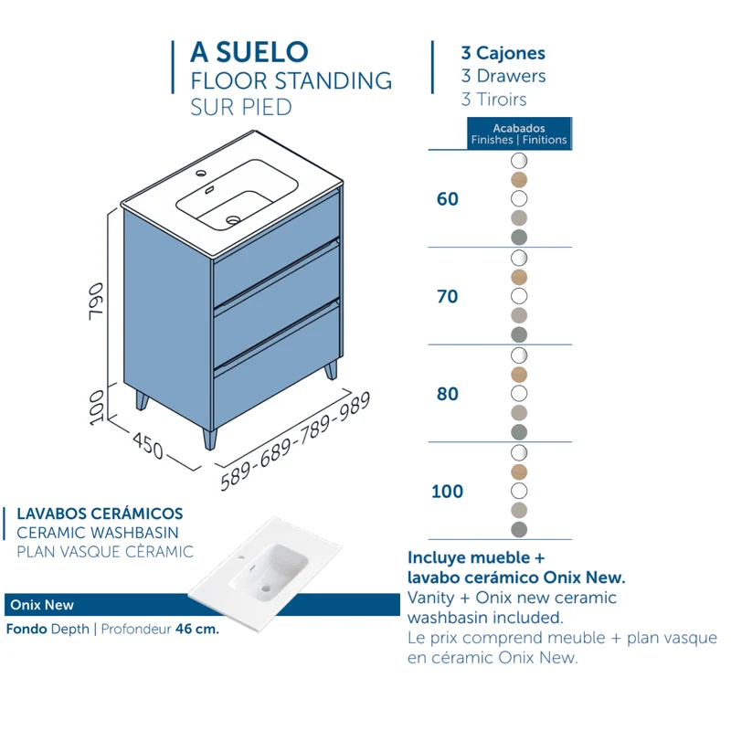 Mueble de Baño A Suelo con Lavabo Cerámico modelo Veloz|Mueble Baño 3 Cajones | Leaf