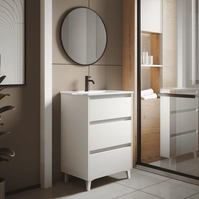 Mueble de Baño A Suelo con Lavabo Cerámico modelo Veloz|Mueble Baño 3 Cajones | Blanco Mate