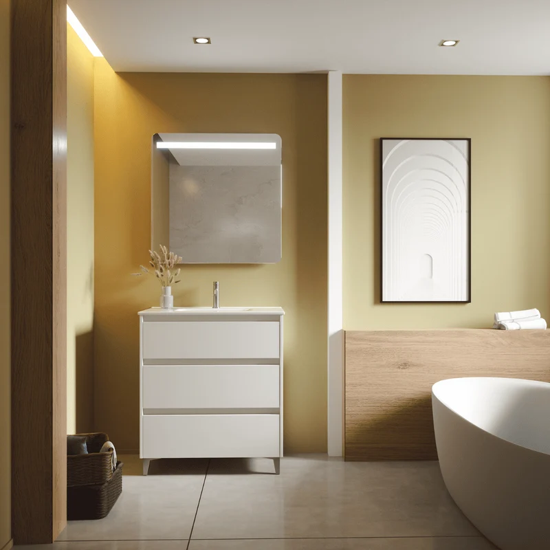 Mueble de Baño A Suelo con Lavabo Cerámico modelo Veloz|Mueble Baño 3 Cajones | Blanco Mate