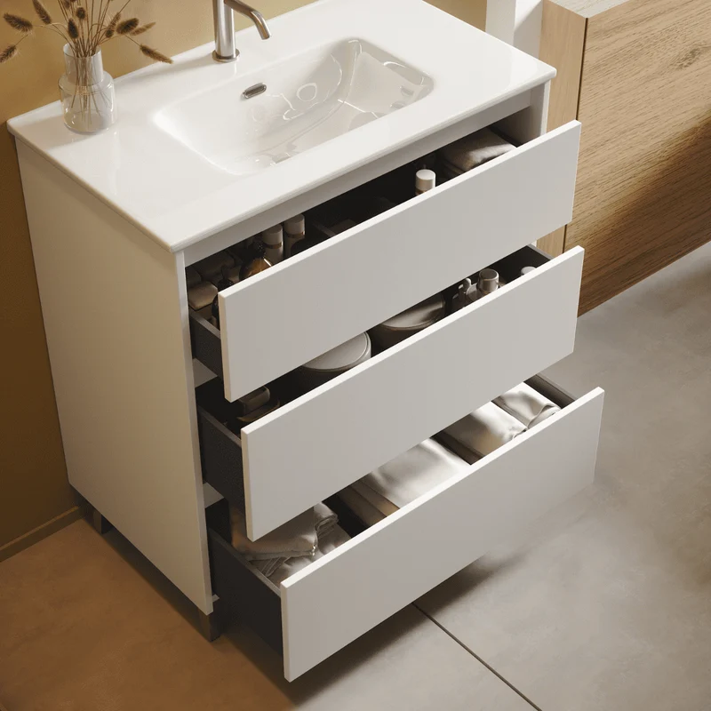 Mueble de Baño A Suelo con Lavabo Cerámico modelo Veloz|Mueble Baño 3 Cajones | Blanco Mate