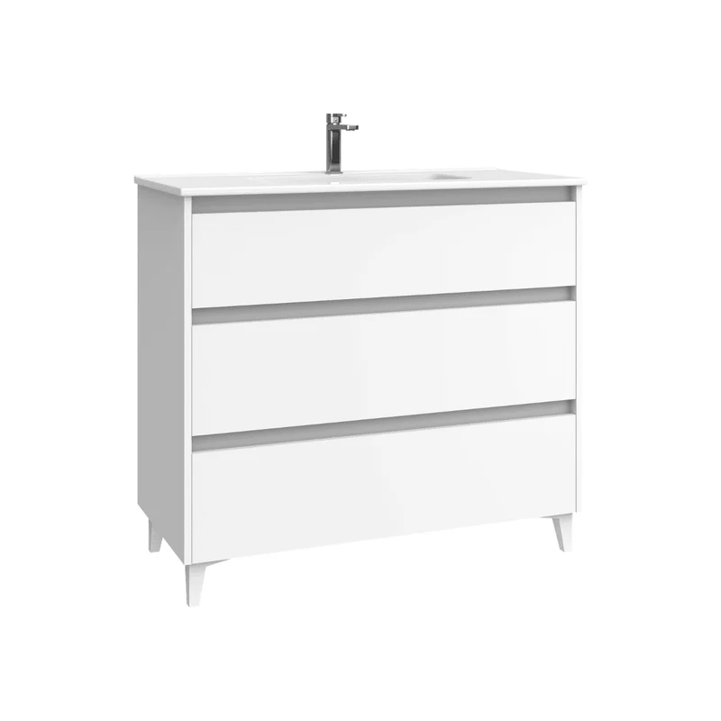 Mueble de Baño A Suelo con Lavabo Cerámico modelo Veloz|Mueble Baño 3 Cajones | Blanco Mate