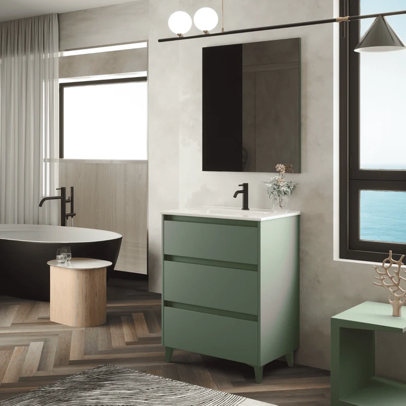 Mueble de Baño A Suelo con Lavabo Cerámico modelo Veloz|Mueble Baño 3 Cajones | Leaf