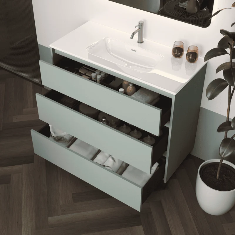 Mueble de Baño A Suelo con Lavabo Cerámico modelo Veloz|Mueble Baño 3 Cajones | Leaf