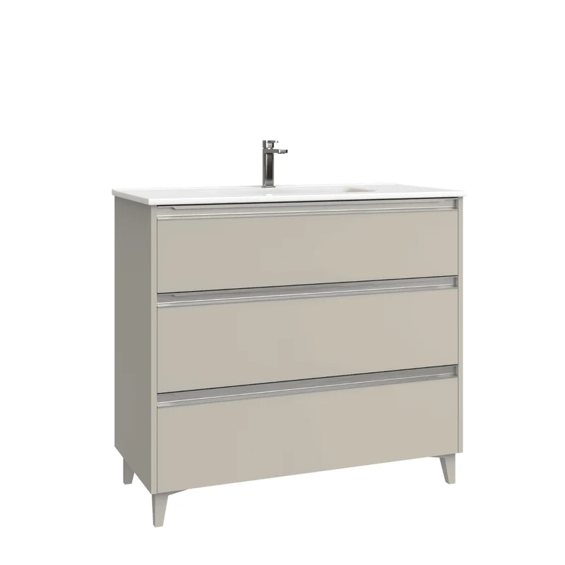 Mueble de Baño A Suelo con Lavabo Cerámico modelo Veloz| Mueble Baño con Patas 3 Cajones Con Tirador | Moka