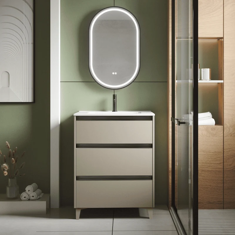 Mueble de Baño A Suelo con Lavabo Cerámico modelo Veloz| Mueble Baño con Patas 3 Cajones Con Tirador | Moka