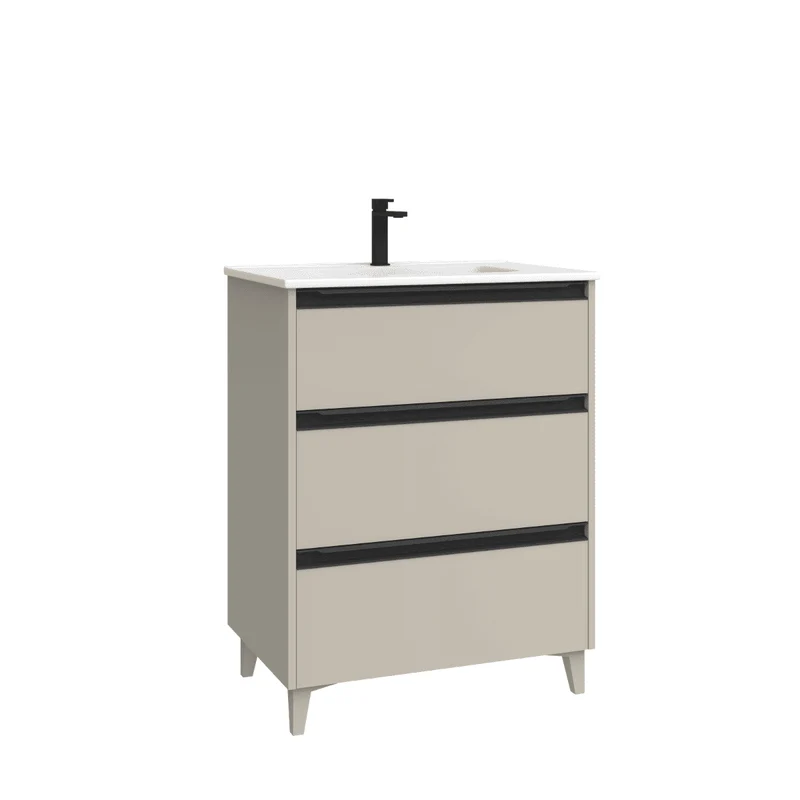 Mueble de Baño A Suelo con Lavabo Cerámico modelo Veloz| Mueble Baño con Patas 3 Cajones Con Tirador | Moka
