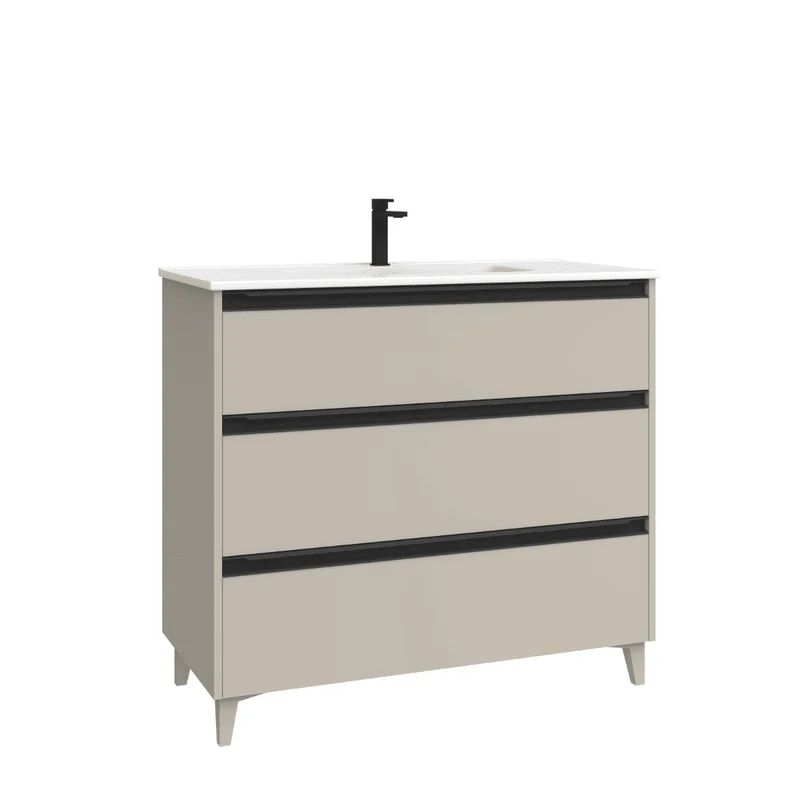Mueble de Baño A Suelo con Lavabo Cerámico modelo Veloz| Mueble Baño con Patas 3 Cajones Con Tirador | Moka