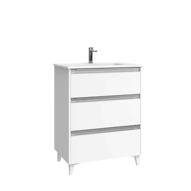 Mueble de Baño A Suelo con Lavabo Cerámico modelo Veloz| Mueble Baño con Patas 3 Cajones Con Tirador | Blanco Mate