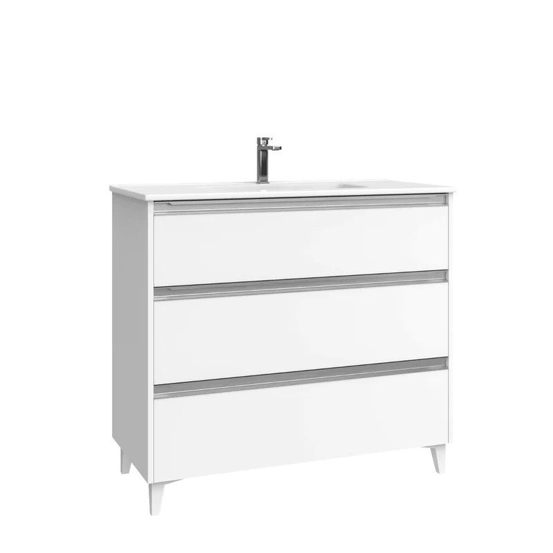 Mueble de Baño A Suelo con Lavabo Cerámico modelo Veloz| Mueble Baño con Patas 3 Cajones Con Tirador | Blanco Mate
