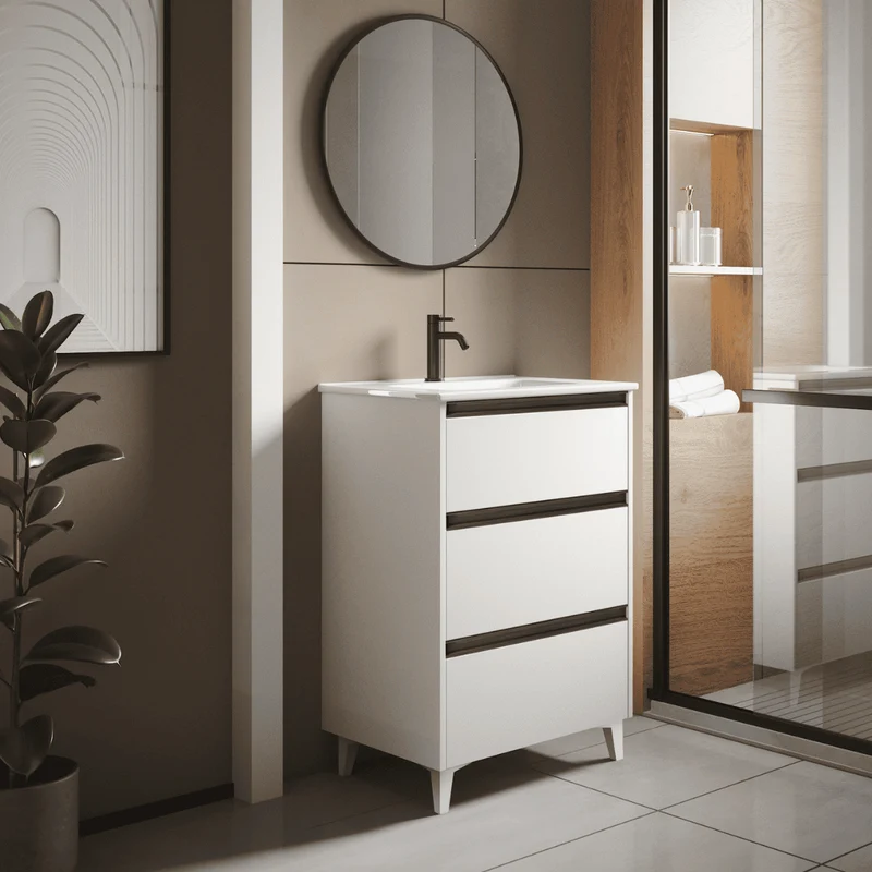 Mueble de Baño A Suelo con Lavabo Cerámico modelo Veloz| Mueble Baño con Patas 3 Cajones Con Tirador | Blanco Mate