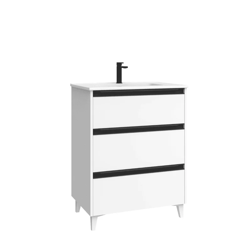 Mueble de Baño A Suelo con Lavabo Cerámico modelo Veloz| Mueble Baño con Patas 3 Cajones Con Tirador | Blanco Mate