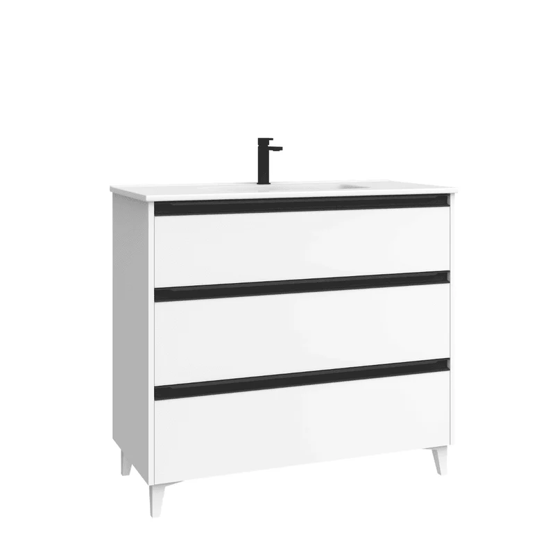 Mueble de Baño A Suelo con Lavabo Cerámico modelo Veloz| Mueble Baño con Patas 3 Cajones Con Tirador | Blanco Mate
