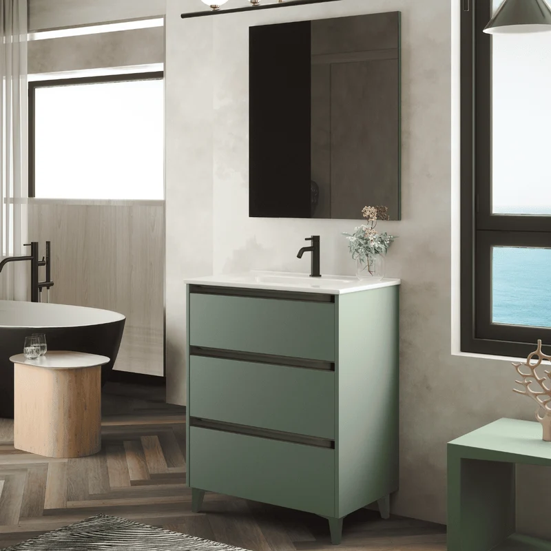 Mueble de Baño A Suelo con Lavabo Cerámico modelo Veloz| Mueble Baño con Patas 3 Cajones Con Tirador | Leaf