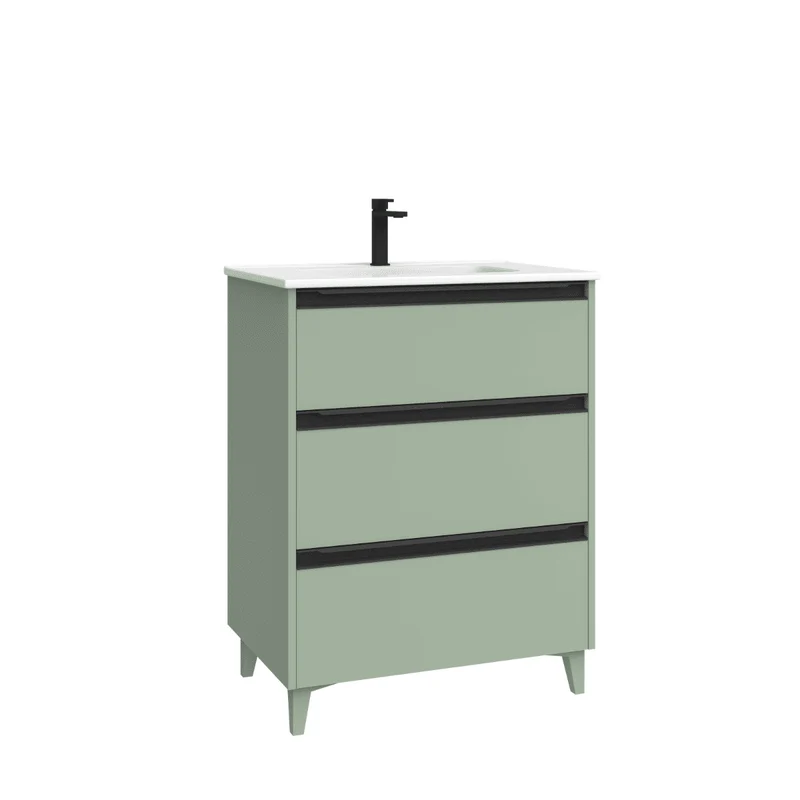 Mueble de Baño A Suelo con Lavabo Cerámico modelo Veloz| Mueble Baño con Patas 3 Cajones Con Tirador | Leaf