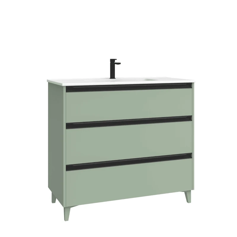 Mueble de Baño A Suelo con Lavabo Cerámico modelo Veloz| Mueble Baño con Patas 3 Cajones Con Tirador | Leaf