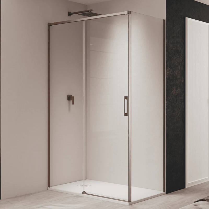Vallance Mampara Ducha Rectangular Corredera Acceso Frontal | Vidrio Templado 6mm Antical Transparente | Perfil Cobre