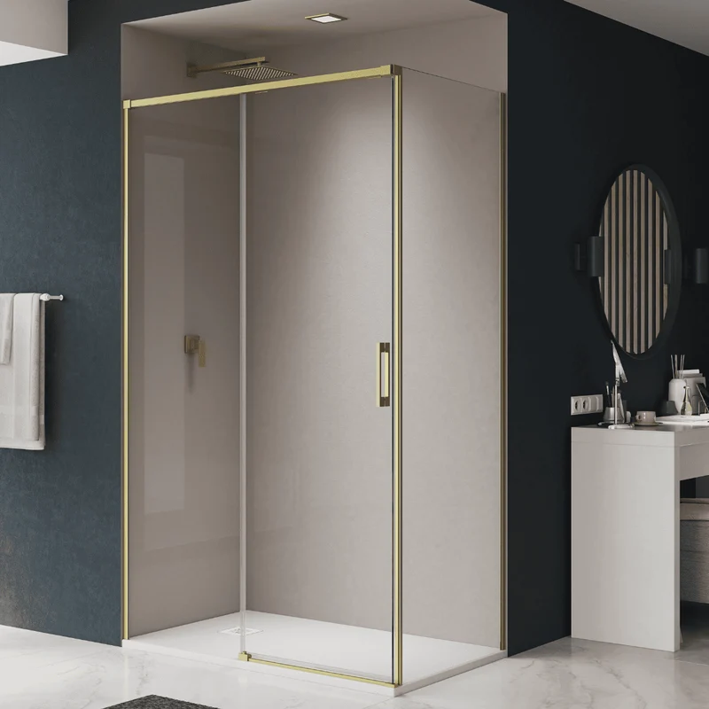 Vallance Mampara Ducha Rectangular Corredera Acceso Frontal | Vidrio Templado 6mm Antical Transparente | Perfil Oro Mate