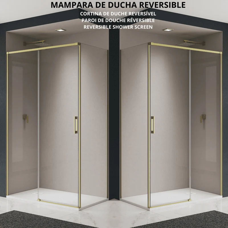Vallance Mampara Ducha Rectangular Corredera Acceso Frontal | Vidrio Templado 6mm Antical Transparente | Perfil Oro Mate