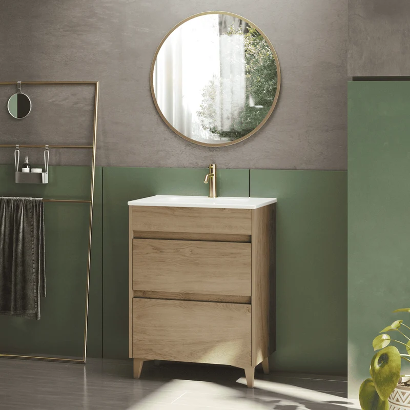 Mueble de Baño A Suelo con Lavabo Cerámico Fondo Reducido modelo Veloz | Mueble Baño con Patas 2 Cajones para Aseo | Roble Natural