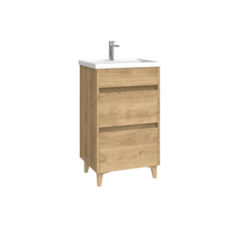 Mueble de Baño A Suelo con Lavabo Cerámico Fondo Reducido modelo Veloz | Mueble Baño con Patas 2 Cajones para Aseo | Roble Natural