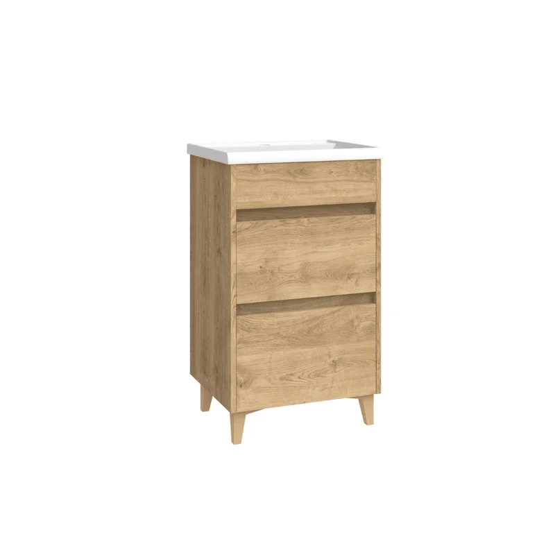 Mueble de Baño A Suelo con Lavabo Cerámico Fondo Reducido modelo Veloz | Mueble Baño con Patas 2 Cajones para Aseo | Roble Natural