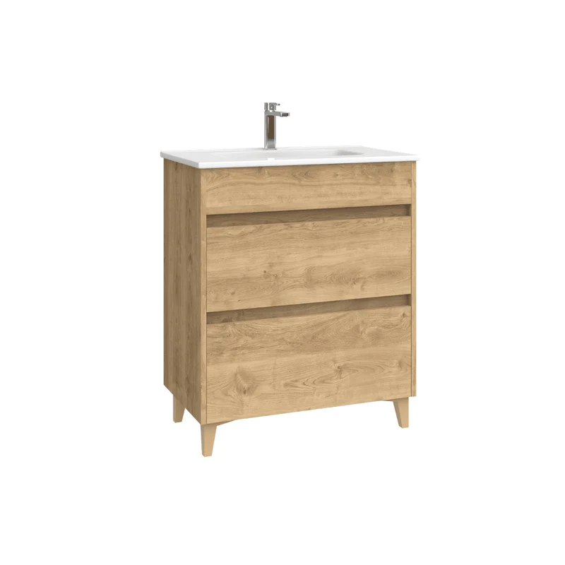 Mueble de Baño A Suelo con Lavabo Cerámico Fondo Reducido modelo Veloz | Mueble Baño con Patas 2 Cajones para Aseo | Roble Natural